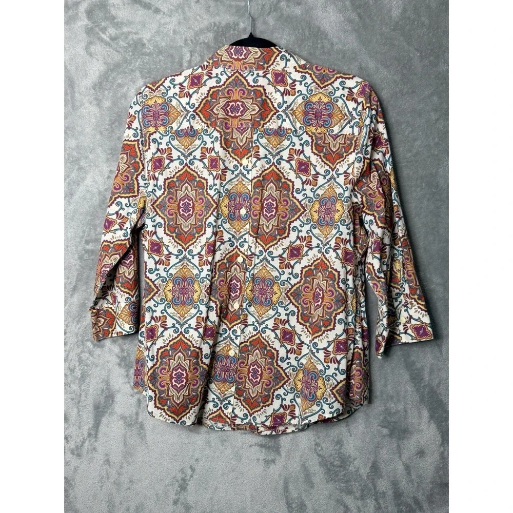 Chicos No-Iron Button Down Shirt 1 Womens M Medallion Paisley 3/4 Sleeve Multi - Picture 7 of 7